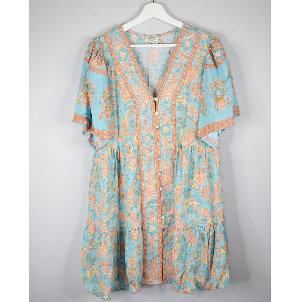 Newim Floral Mini Dress Womens Medium Blue Boho Tiered Button‎ Front cottagecore